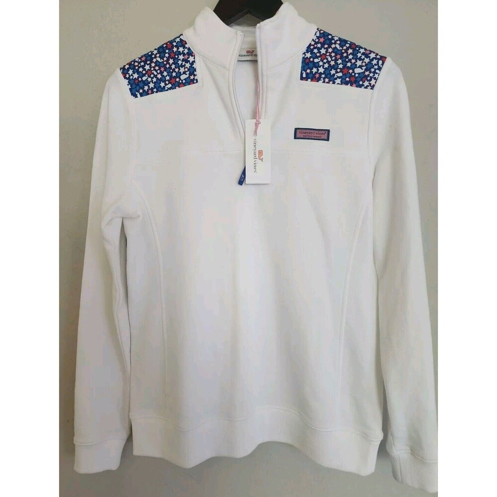 Vineyard Vines Women's Small White 1/4 Zip Pullover Whale & Stars Red White Blue
